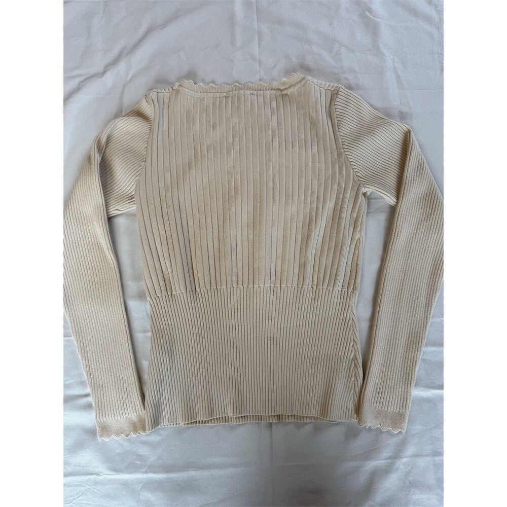 Adrianna Papell Sweater Womens M Ivory Ribbed Knit Scallop Crew Neck Fitted - Picture 7 of 7